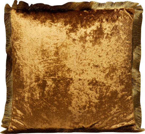 Quadratisches Kissen aus goldenem Samt mit glänzender, strukturierter Oberfläche und Fransen an den Rändern, von vorne gesehen.