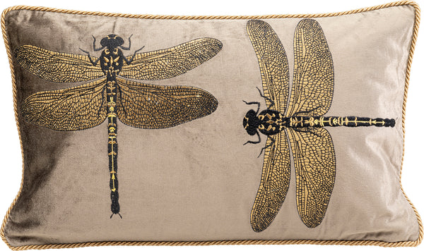 Rechteckiges Samtkissen mit goldgestickten Libellen und goldener Kordelborte an den Rändern.