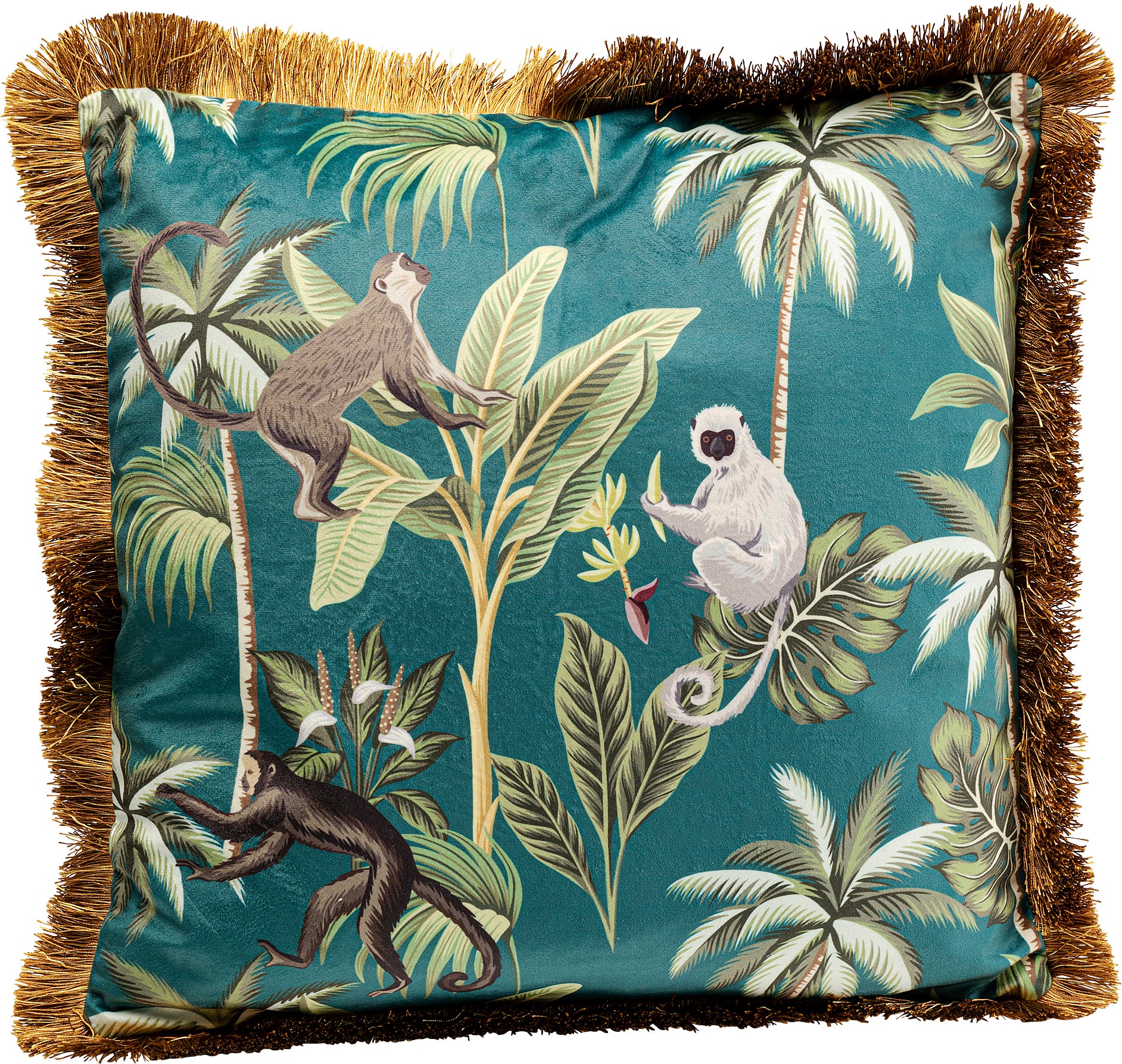 Dekoratives Kissen mit Fransen, das illustrierte Affen und tropische Pflanzen auf einem blaugrünen Hintergrund zeigt.