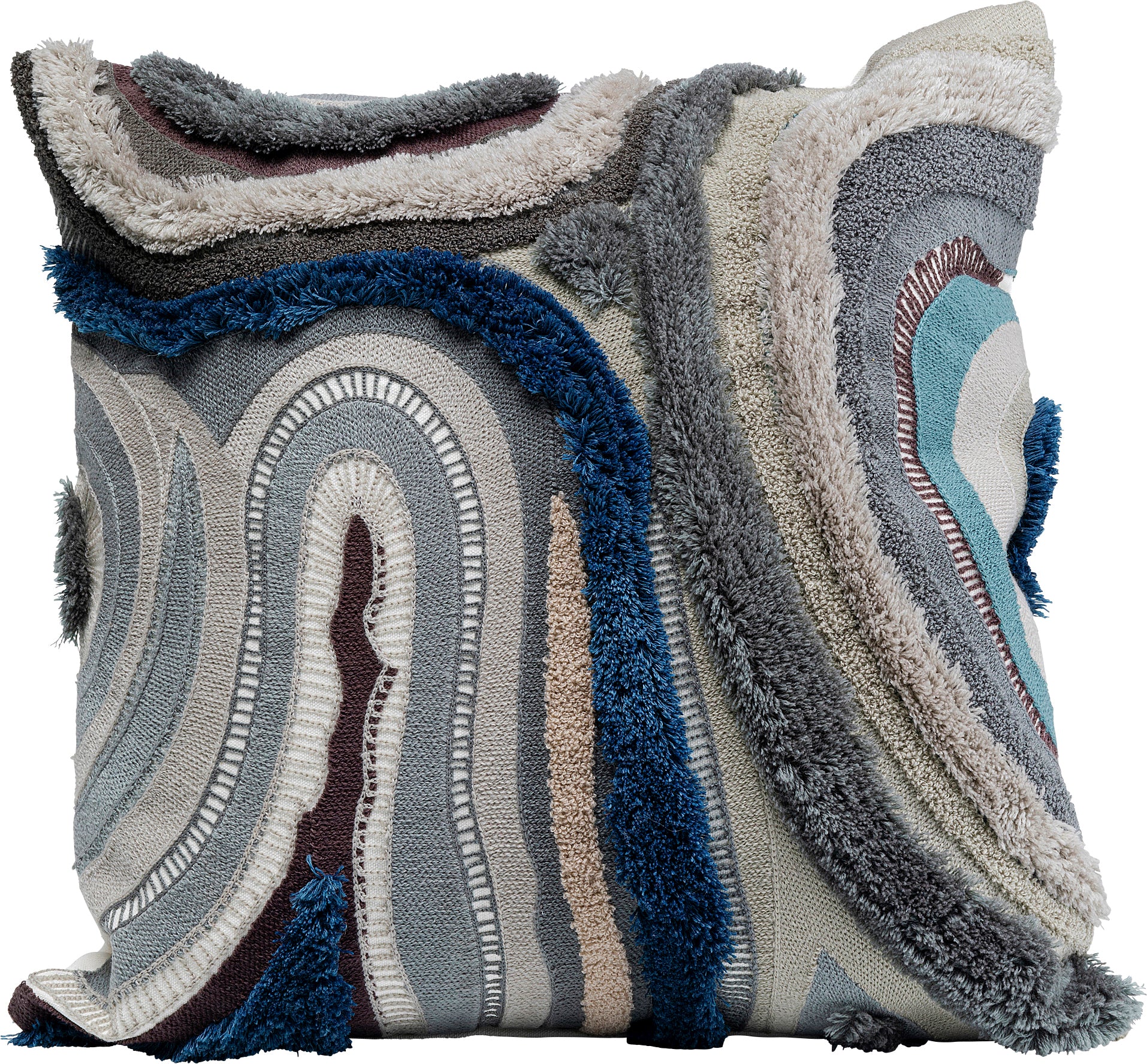 Quadratisches Kissen mit abstraktem, wellenförmigem Strukturmuster in Blau-, Grau-, Beige- und Cremetönen.