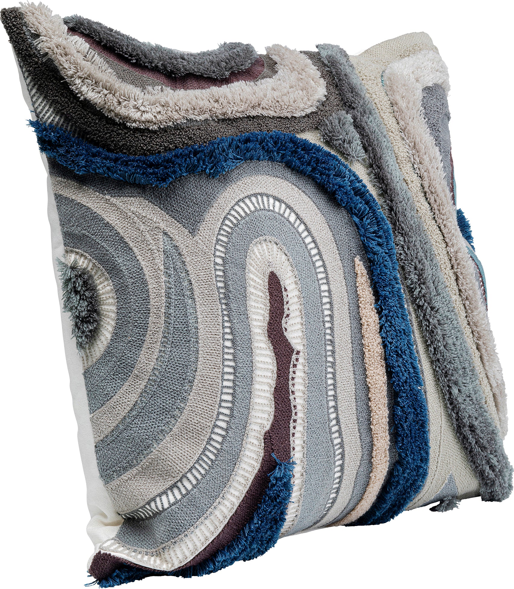 Dekoratives Kissen mit strukturierten, abstrakten Mustern in Blau, Grau, Beige und Cremefarben.