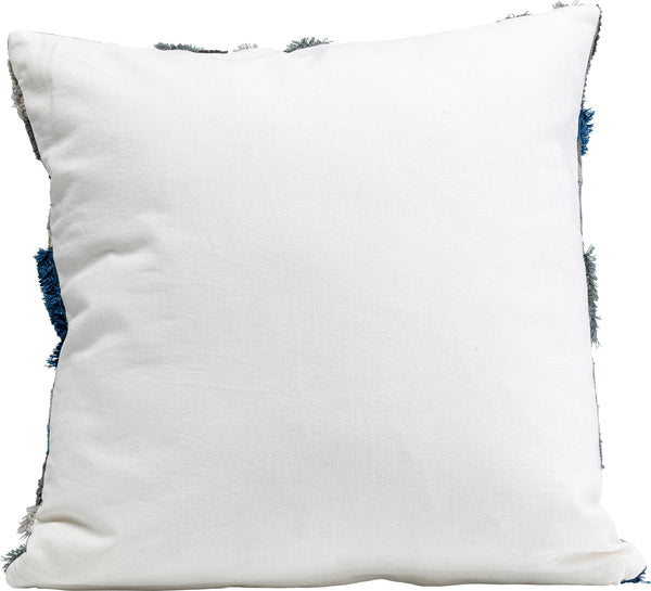 Weißes quadratisches Kissen mit strukturierten Stoffkanten, abgebildet auf einem einfarbig weißen Hintergrund.