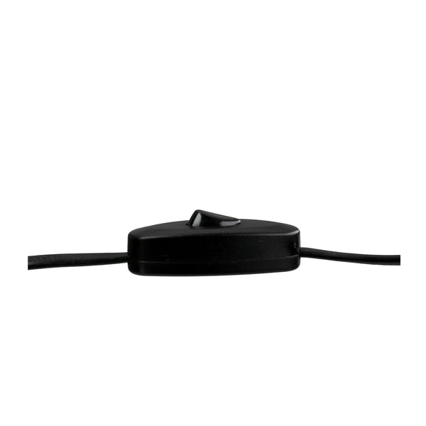 Nahaufnahme eines schwarzen Inline-Wippschalters mit angeschlossenen Stromkabeln auf beiden Seiten vor einem weißen Hintergrund.