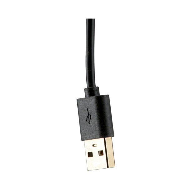 Ein schwarzes USB Typ-A Kabel mit einem goldenen Stecker auf weißem Hintergrund.