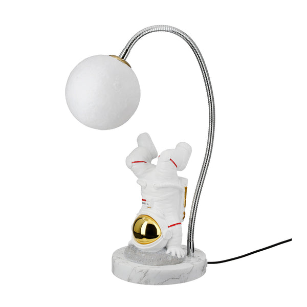 Astronautenlampe mit kugelförmigem Licht, auf dem Kopf stehend auf einem Marmorsockel mit flexiblem Hals.