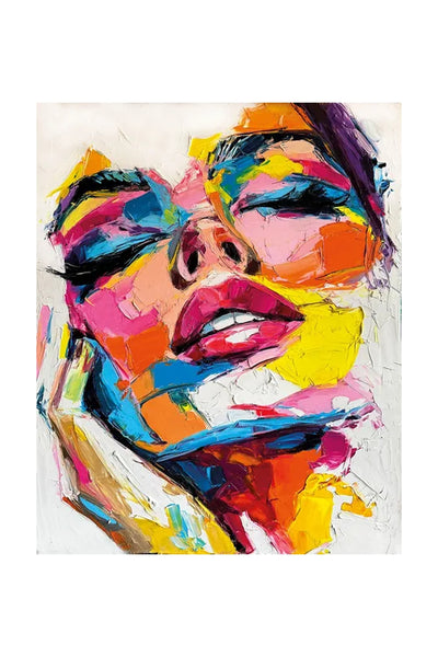 Abstraktes Gemälde eines Gesichts mit geschlossenen Augen und gescheitelten Lippen, mit kräftigen, bunten Pinselstrichen in Rosa, Gelb, Blau, Orange und Lila.