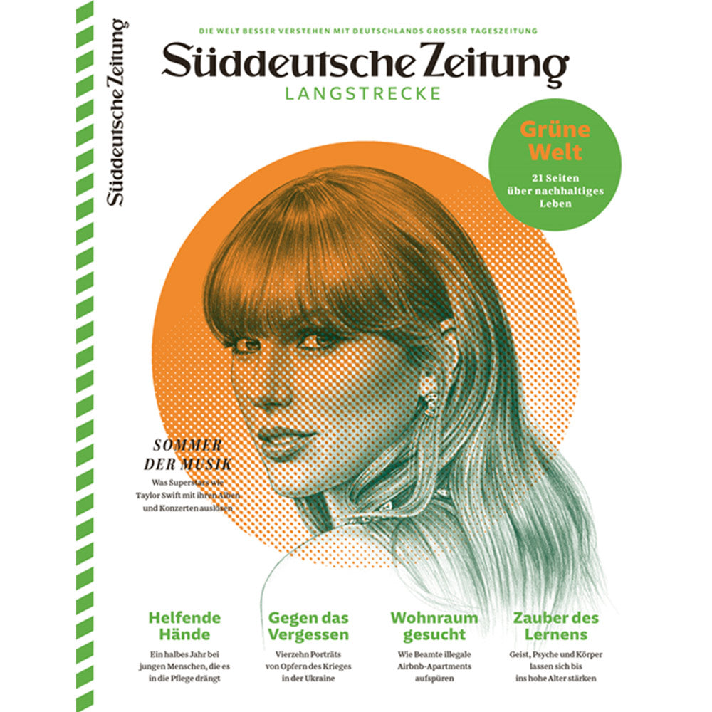 Zeitschriftencover mit einem stilisierten Porträt einer Frau mit langen Haaren und einem deutschen Text zum Thema Nachhaltigkeit.