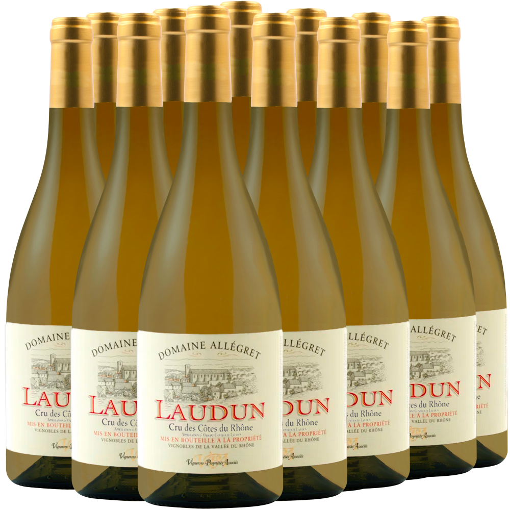 Zwölf Flaschen des Weißweins Domaine Allégret Laudun in vier Reihen auf weißem Grund.