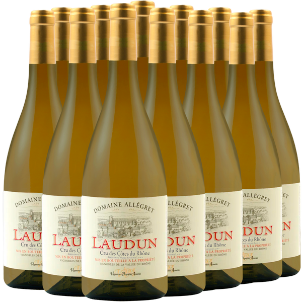 Zwölf Flaschen des Weißweins Domaine Allégret Laudun in vier Reihen auf weißem Grund.