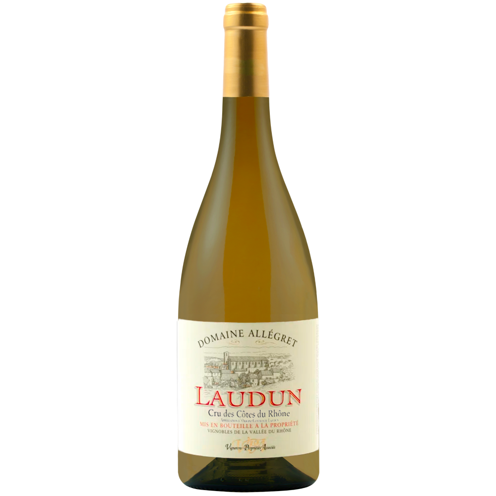 Eine Flasche des Weißweins Domaine Allégret Laudun mit Goldfolie und cremefarbenem Etikett.
