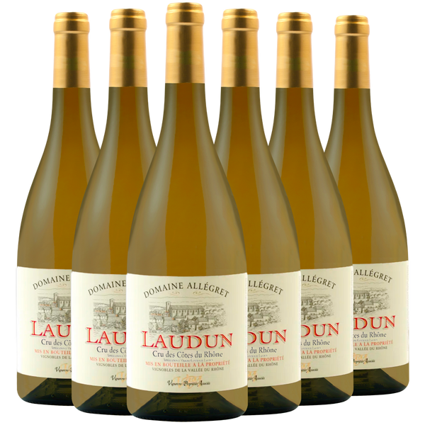 Sechs Flaschen des Weißweins Domaine Allégret Laudun in zwei Reihen auf weißem Grund.