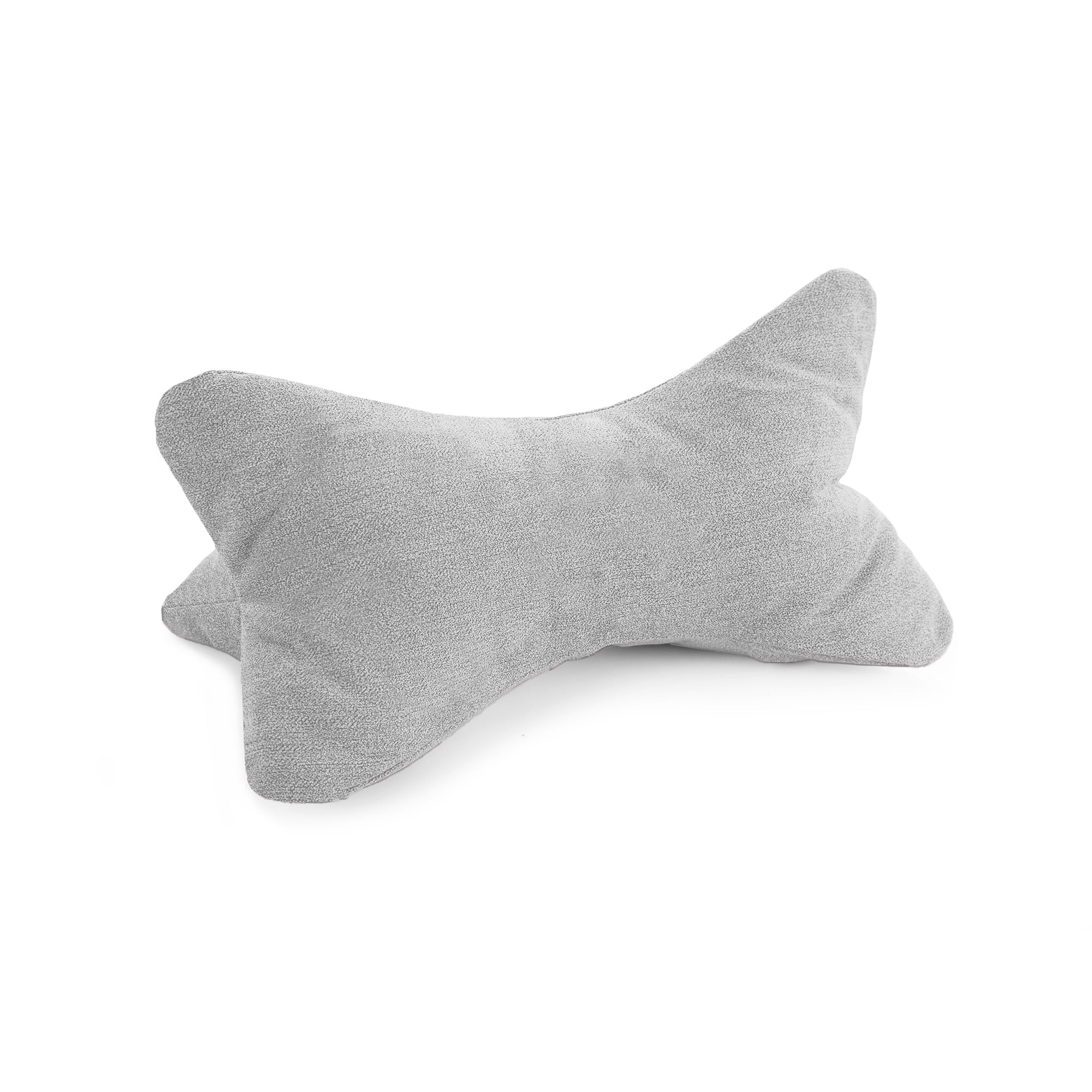 Das Leseknochen Cozy Home – Grau ist ein hellgraues, knochenförmiges Kissen mit einer weichen, strukturierten Stoffoberfläche auf weißem Hintergrund und bietet eine ergonomische Nackenstütze für Komfort und Unterstützung.