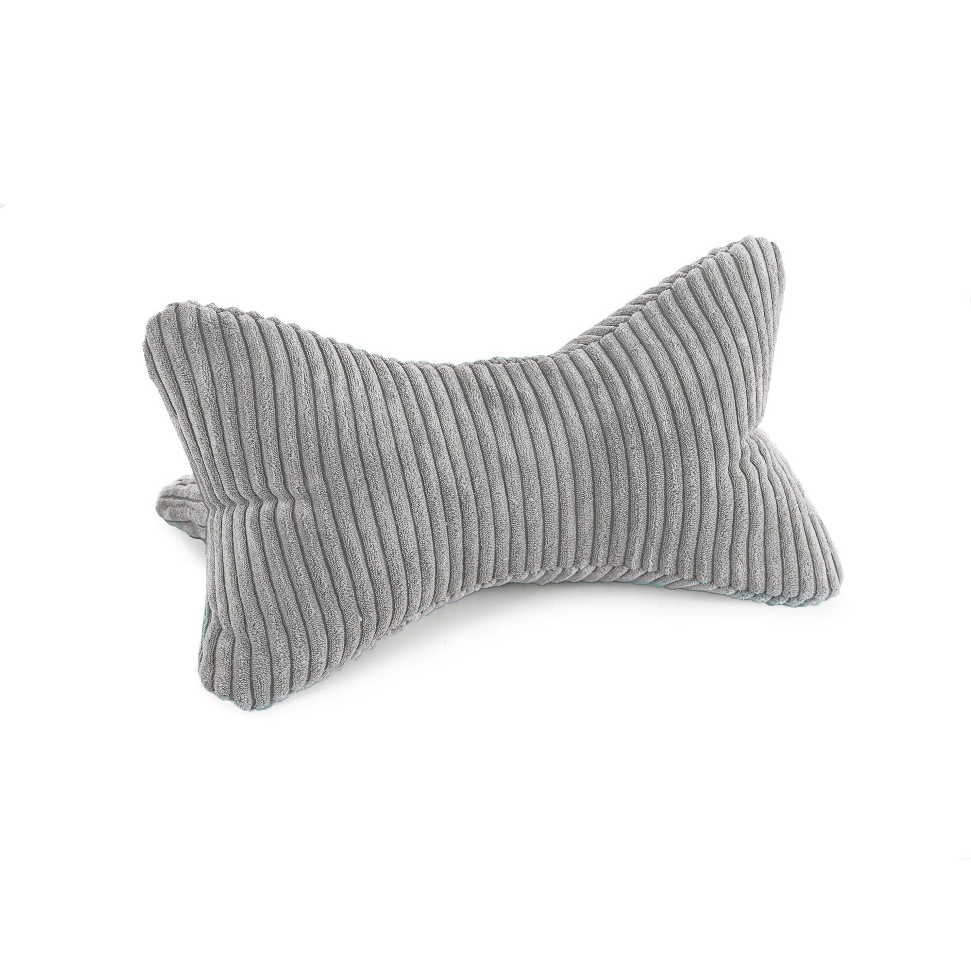 Der Leseknochen Cozy Shara - Grau bietet als ergonomisches, knochenförmiges Kissen mit weicherer, gerippter Oberfläche optimale Nackenstütze und fördert eine gesunde Haltung – perfekt vor weißem Hintergrund präsentiert.
