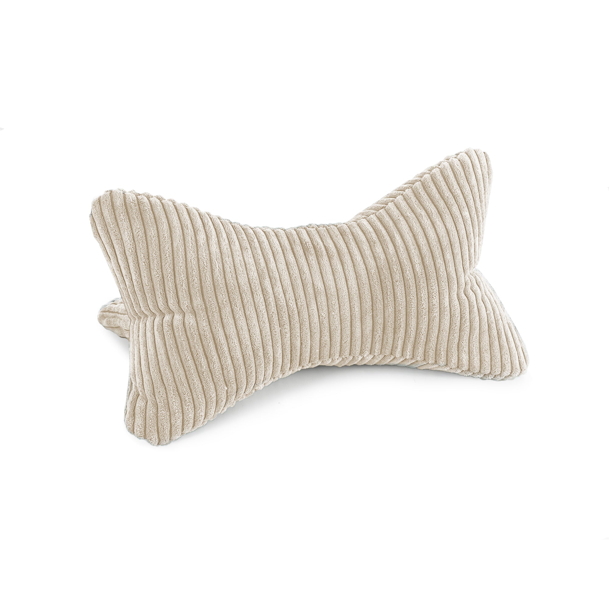 Das Leseknochen Cozy Shara – Beige ist ein knochenförmiges Cordkissen auf weißem Hintergrund, das eine gesunde Körperhaltung unterstützt und den Nacken sanft stützt.