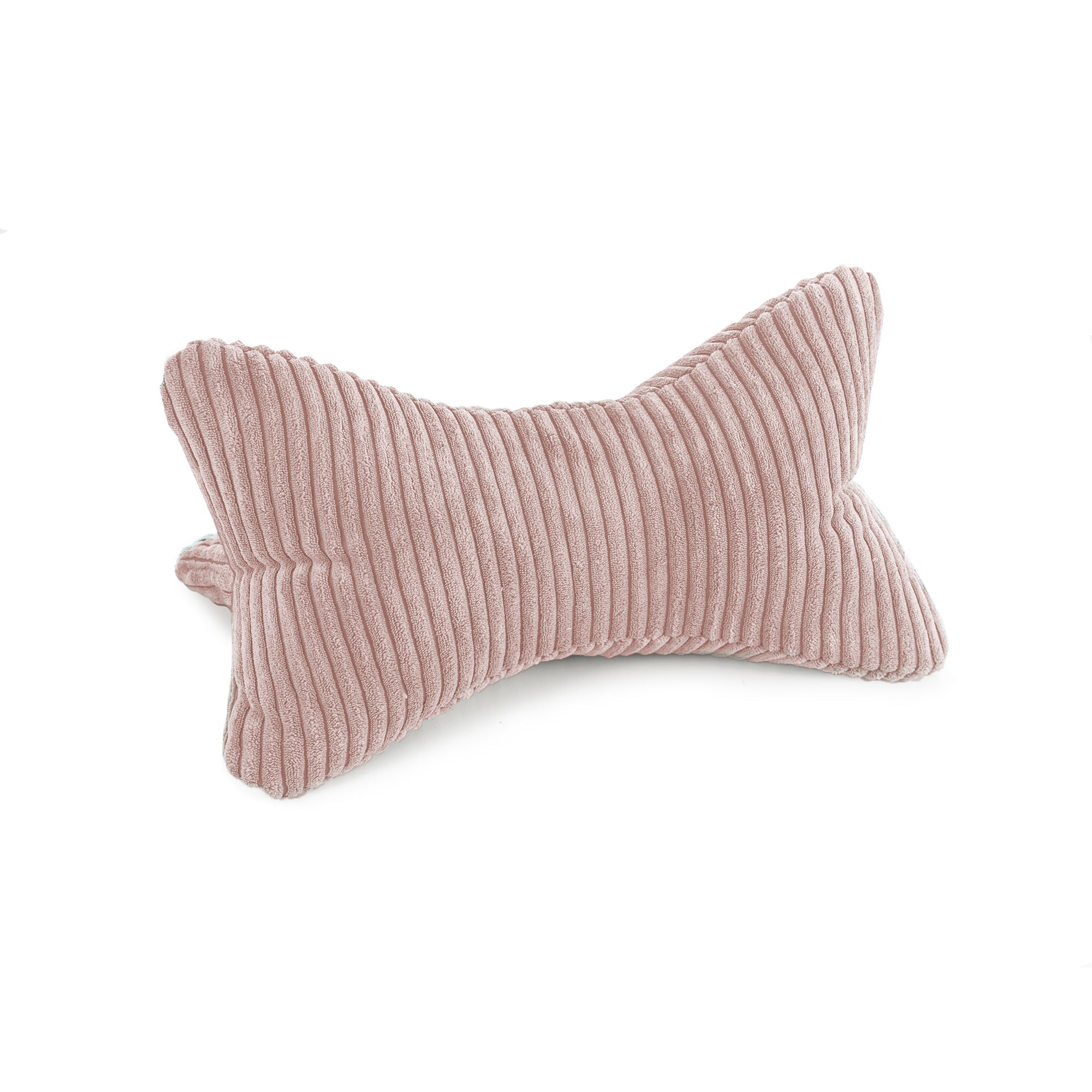 Der Leseknochen Cozy Shara – Rose ist eine rosafarbene, ergonomische Nackenstütze in Knochenform mit Cordstruktur, die vor einem weißen Hintergrund abgebildet ist.