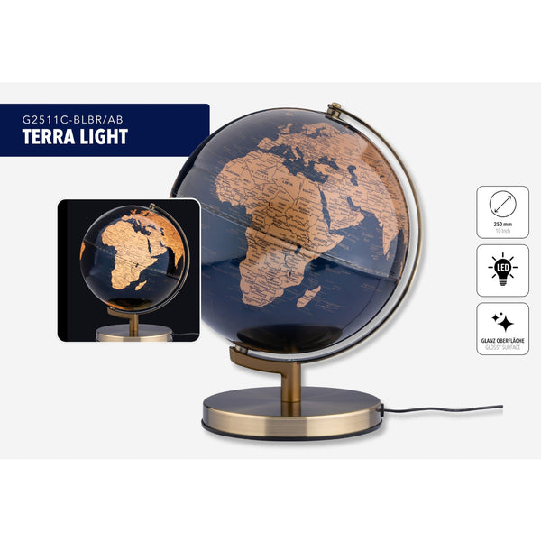 Ein schwarzer und goldener Globus auf einem Ständer, beleuchtet mit LED-Licht, zeigt Afrika und Europa.
