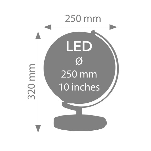 Graue Illustration einer Kugellampe mit den Abmessungen: 250 mm breit, 320 mm hoch, mit der Aufschrift LED, 10 Zoll Durchmesser.