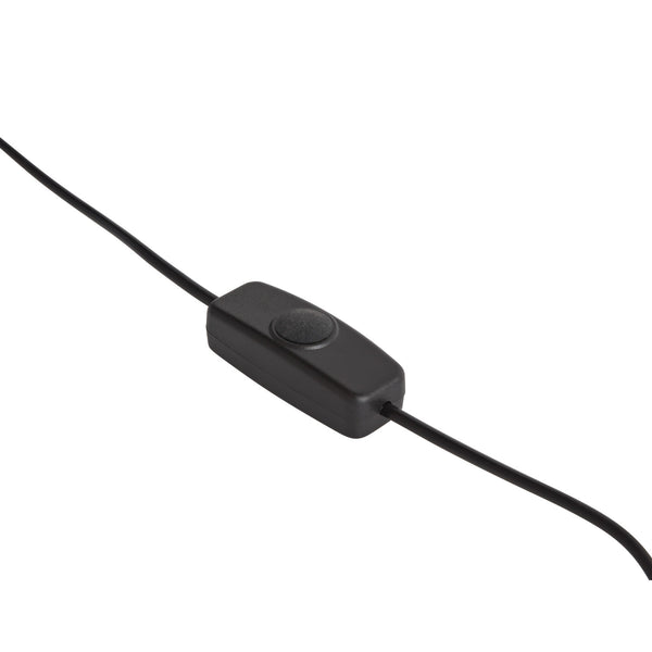 Schwarzer Inline-Wippschalter an einem schwarzen Stromkabel, isoliert auf weißem Hintergrund.