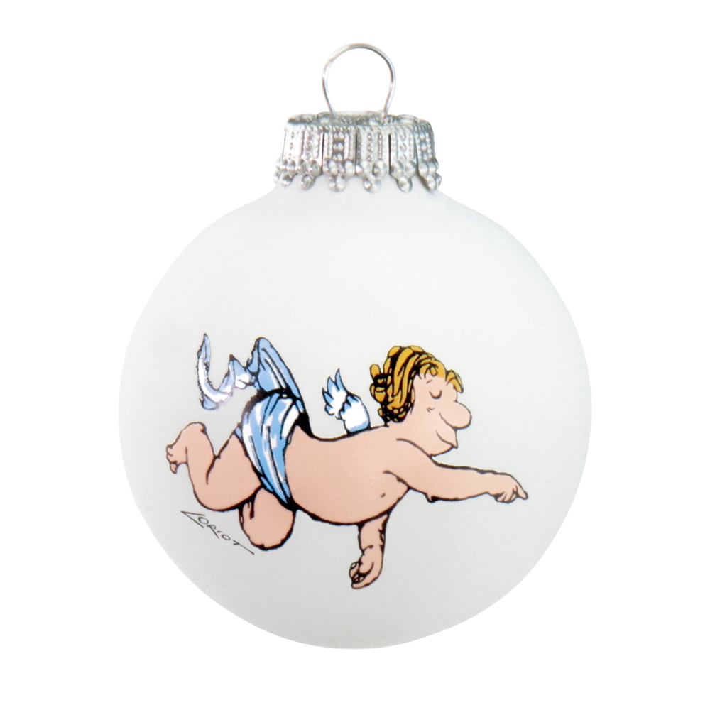 Set mit 6 Loriot-Weihnachtsglasornamenten mit Künstlermotiven, darunter eine weiße Kugel mit einem lächelnden fliegenden Engel in blauem Stoff und goldenem Stirnband.