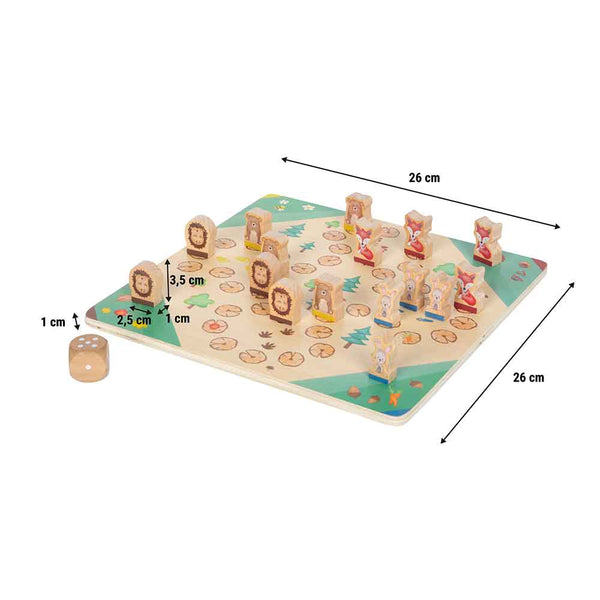 Ein Brettspiel aus Holz mit tierförmigen Spielsteinen und einem Würfel; das Spielbrett ist 26x26 cm groß, die Spielsteine sind zwischen 2,5 und 3,5 cm hoch und der Würfel ist 1 cm groß.