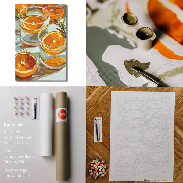 Sammelbild bestehend aus vier Feldern - oben links das Motiv- oben rechts die geöffnete Farbe auf der halb bemalten Leinwand und ein Farbtöpfchen. Unten links die Abbildung eines gesamten Malsets und unten rechts die leere Leinwand mit den Farben und Pinseln daneben