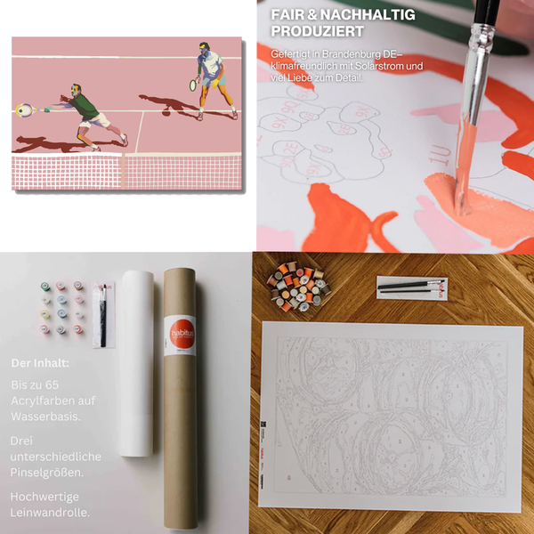 Sammelbild bestehend aus vier Feldern - oben links das Motiv- oben rechts die geöffnete Farbe auf der halb bemalten Leinwand und ein Farbtöpfchen. Unten links die Abbildung eines gesamten Malsets und unten rechts die leere Leinwand mit den Farben und Pinseln daneben