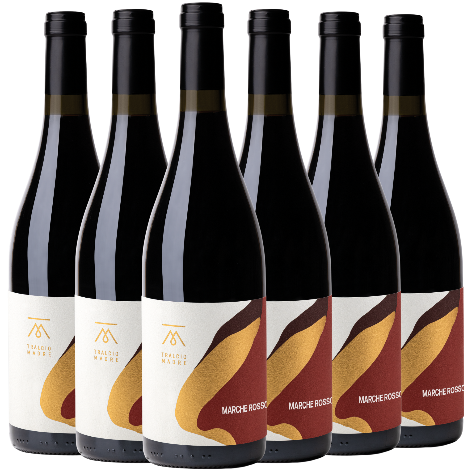 Sechs Flaschen Rotwein mit der Aufschrift "Marché Rosso" mit abstrakten roten und gelben Motiven auf weißen Etiketten.