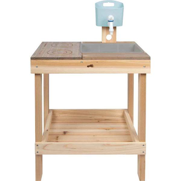 Spielküche aus Holz mit Herd, Spüle, blauem Wasserhahn und unterem Ablagefach.