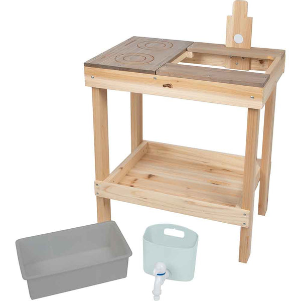 Ein Spielküchen-Set aus Holz mit Herd, Spüle, unterem Ablagefach, grauer Wanne und weißem Behälter mit Ausguss.