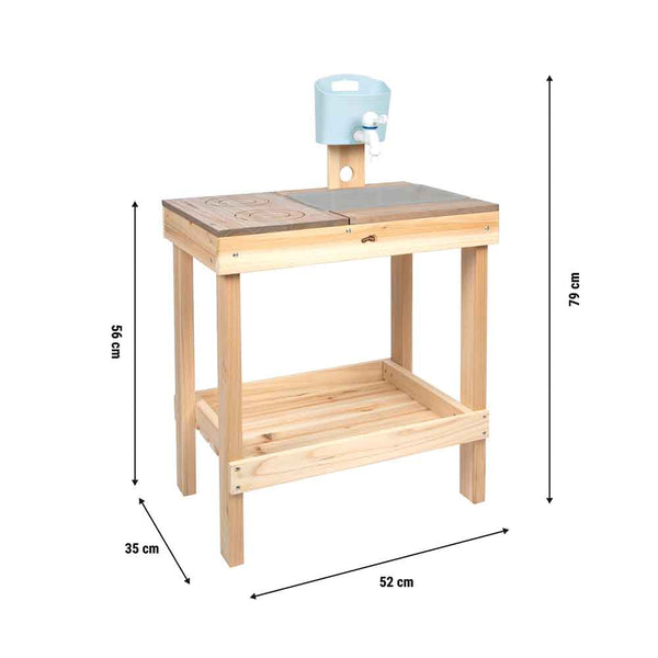 Spielküche aus Holz mit Herd, Spüle und Wasserhahn, 79 cm hoch, 52 cm breit und 35 cm tief, mit einem unteren Ablagefach.