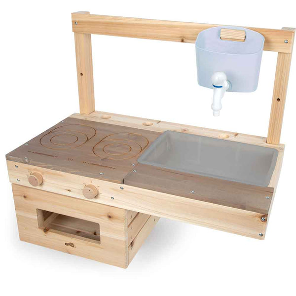 Holzspielzeug-Küchenset mit Herdplatten, Spüle, Wasserhahn und Knöpfen, für Kinder zum Spielen gedacht.