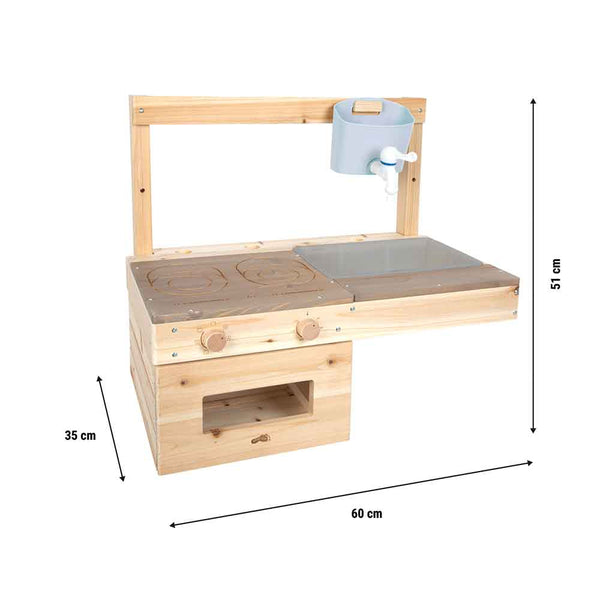 Holzspielzeug-Küchenset mit zwei Herdplatten, einer Spüle, einem Wasserhahn, einem Stauraum und Messlinien mit 35 cm Höhe, 60 cm Breite und 51 cm Höhe der Rückwand.