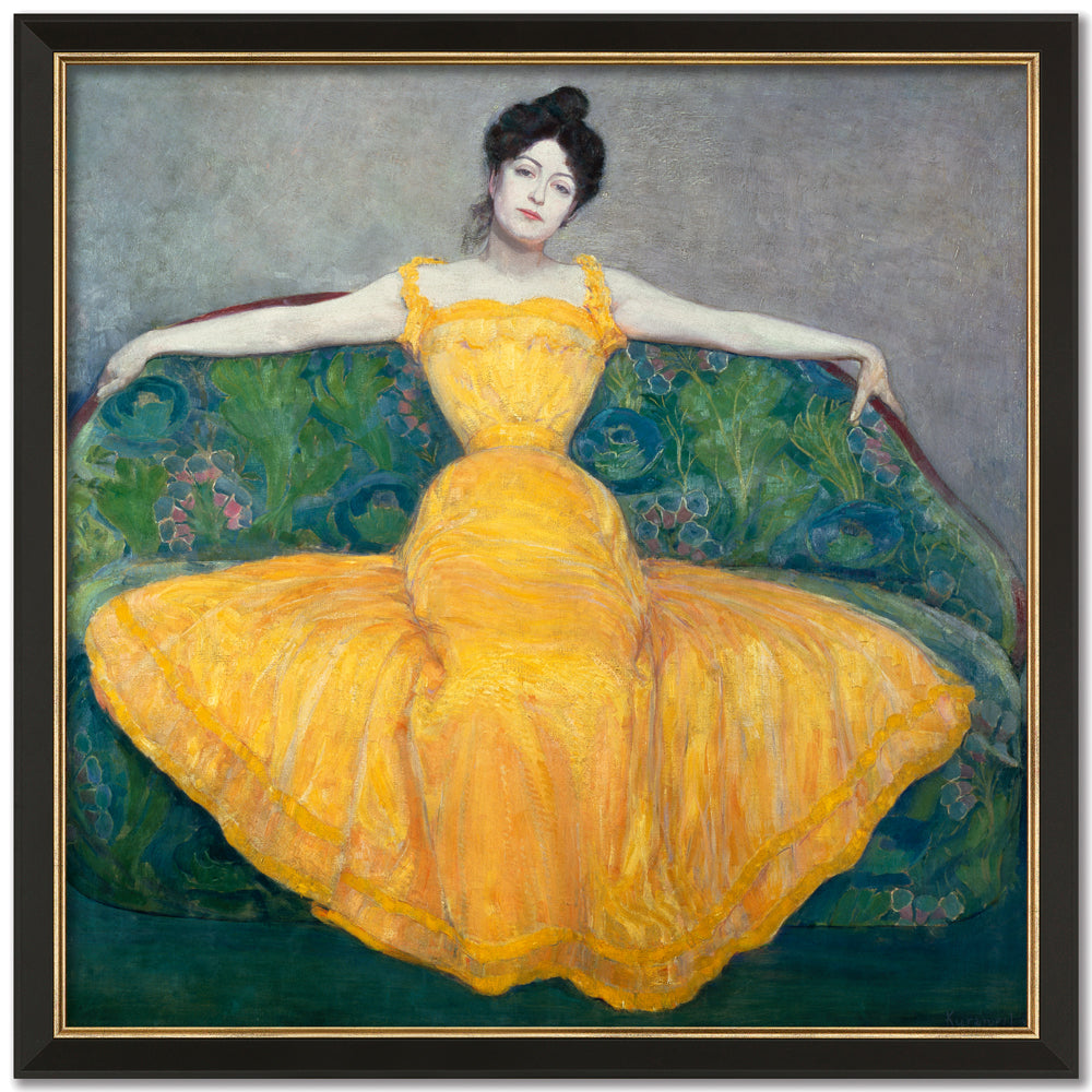 In Max Kurzweils gerahmtem Kunstwerk „Dame in Gelb“ (1899) sitzt eine Frau in einem leuchtend gelben Kleid mit ihren Armen auf einem grünen Sofa.