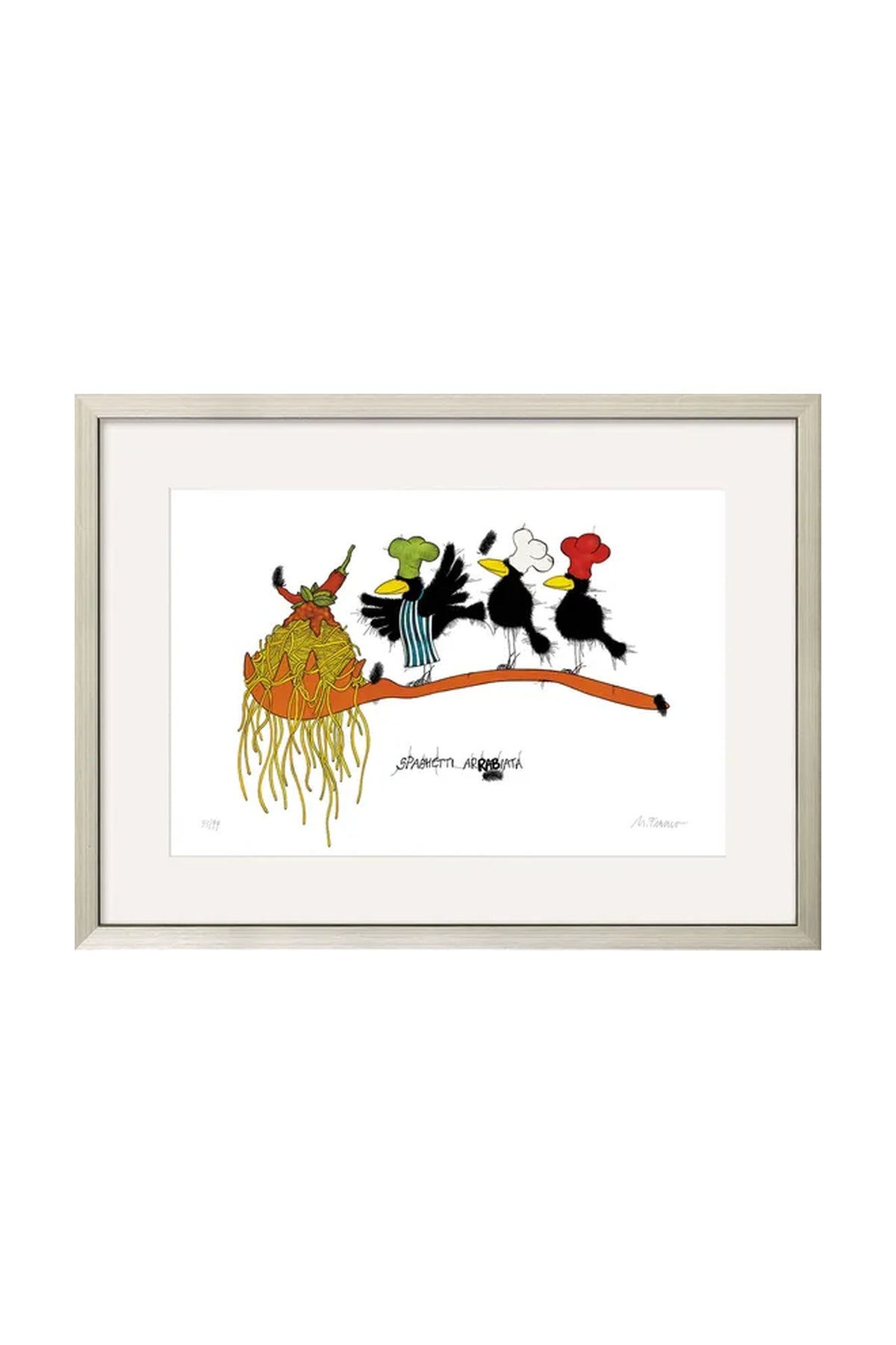 Gerahmte Illustration von vier Vögeln und einer Kreatur, die Spaghetti mit Fleischbällchen ähnelt, alle auf einem Ast sitzend; die Vögel tragen verschiedenfarbige Kochmützen.