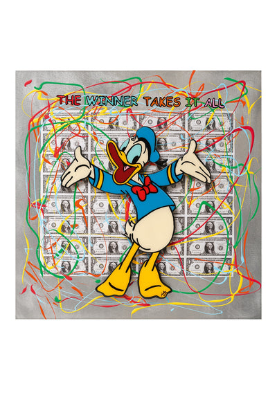 Eine Illustration von Donald Duck steht vor einem Hintergrund von Dollarscheinen mit bunten Luftschlangen und dem Text "THE WINNER TAKES IT ALL" (Der Gewinner bekommt alles).