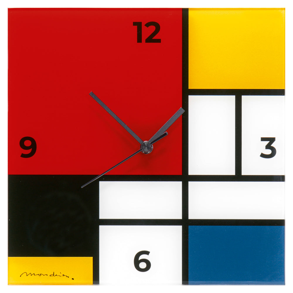 Quadratische Wanduhr, Piet Mondrian: Wanduhr „Komposition in Rot, Blau, Gelb und Schwarz“, mit geometrischen Blöcken im Mondrian-Stil in Rot, Blau, Gelb, Schwarz und Weiß.