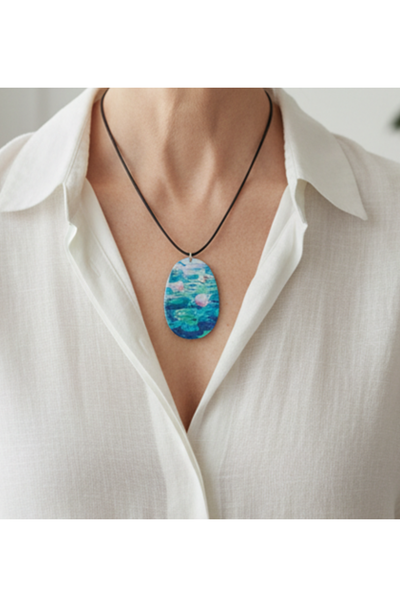 Ovale Anhänger-Halskette mit schwarzer Lederkette und einem Seerosenmotiv in Blau-, Grün- und Rosatönen, das an ein impressionistisches Gemälde erinnert am Hals hängend.