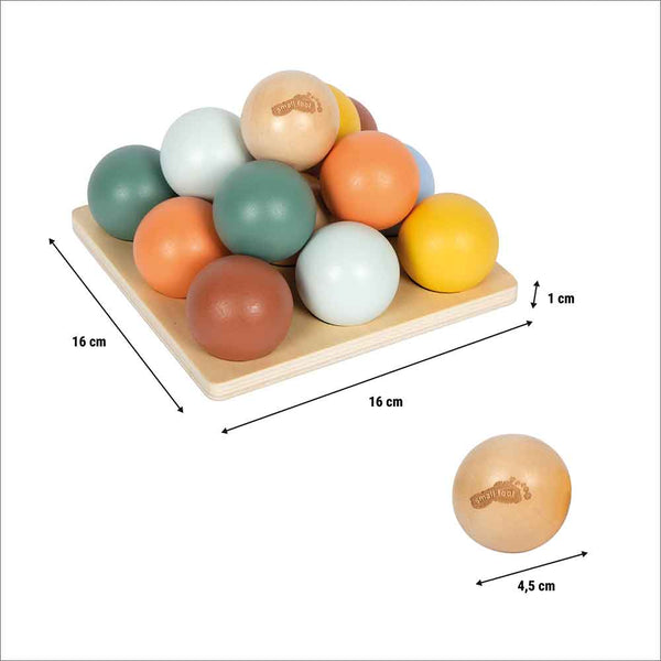 Ein Holzbrett mit zwölf farbigen Kugeln, die pyramidenförmig gestapelt sind; die Maße sind 16 cm pro Seite, 1 cm hoch und jede Kugel hat einen Durchmesser von 4,5 cm.