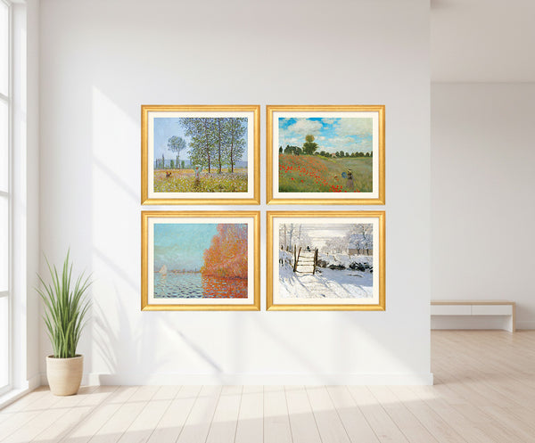 Claude Monet: 4 Landschaftsbilder im Set, Version goldfarben gerahmt