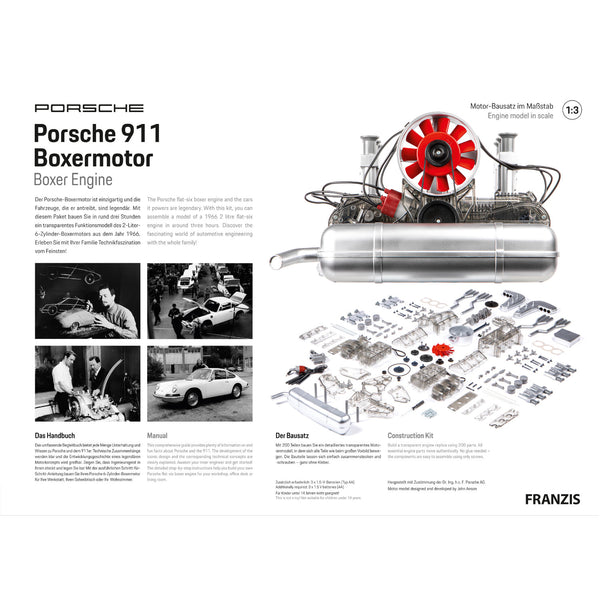 Porsche 911 Boxermotor Modellbausatz, Teile mit Fotos von Porsche Fahrzeugen und Motordetails auf der linken Seite ausgelegt.