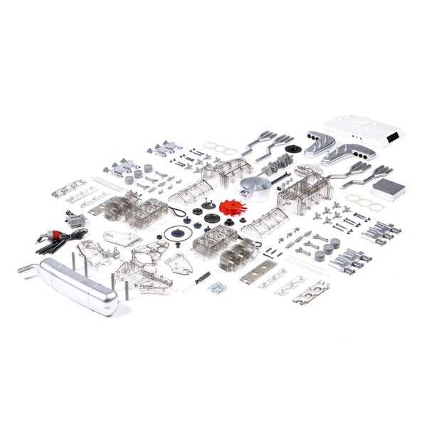 Verschiedene mechanische Teile und Komponenten sind übersichtlich auf einem weißen Hintergrund angeordnet.