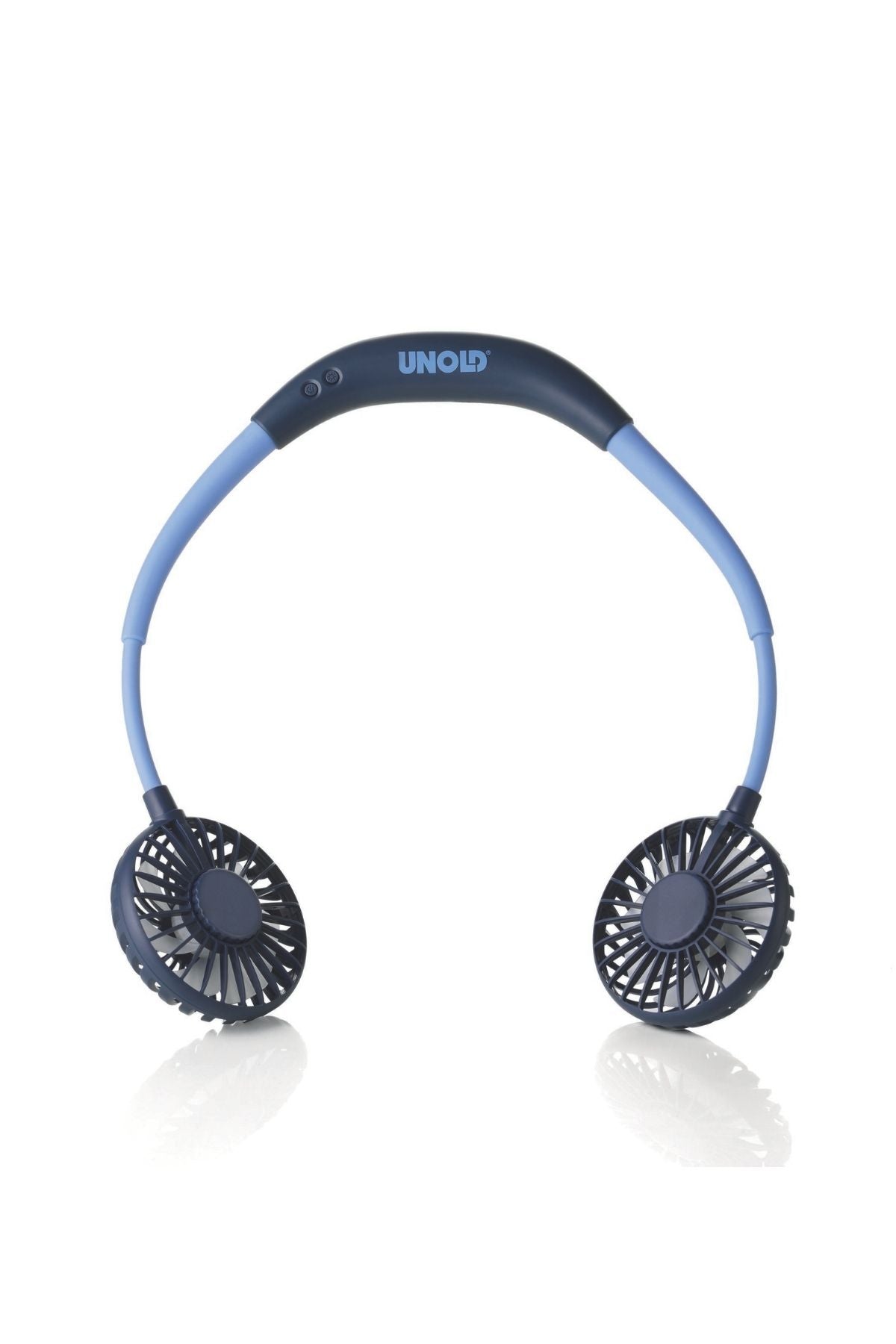 Blauer und schwarzer tragbarer Halsventilator mit zwei kreisförmigen Kühleinheiten und dem Markennamen Unold auf dem oberen Band, fotografiert auf weißem Hintergrund.