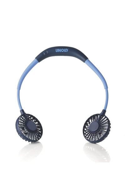 Blauer und schwarzer tragbarer Halsventilator mit zwei kreisförmigen Kühleinheiten und dem Markennamen Unold auf dem oberen Band, fotografiert auf weißem Hintergrund.