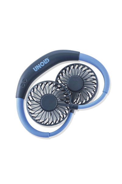 Ein tragbarer, tragbarer Nackenfächer mit zwei runden Fächerköpfen und einem blauen ergonomischen Band mit der Aufschrift UNOLD auf weißem Hintergrund.