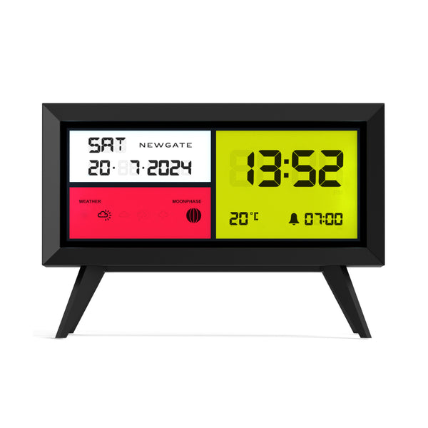Digitaluhr mit Wetter-, Mondphasen-, Datums- und Zeitanzeige auf einem modernen schwarzen Ständer.