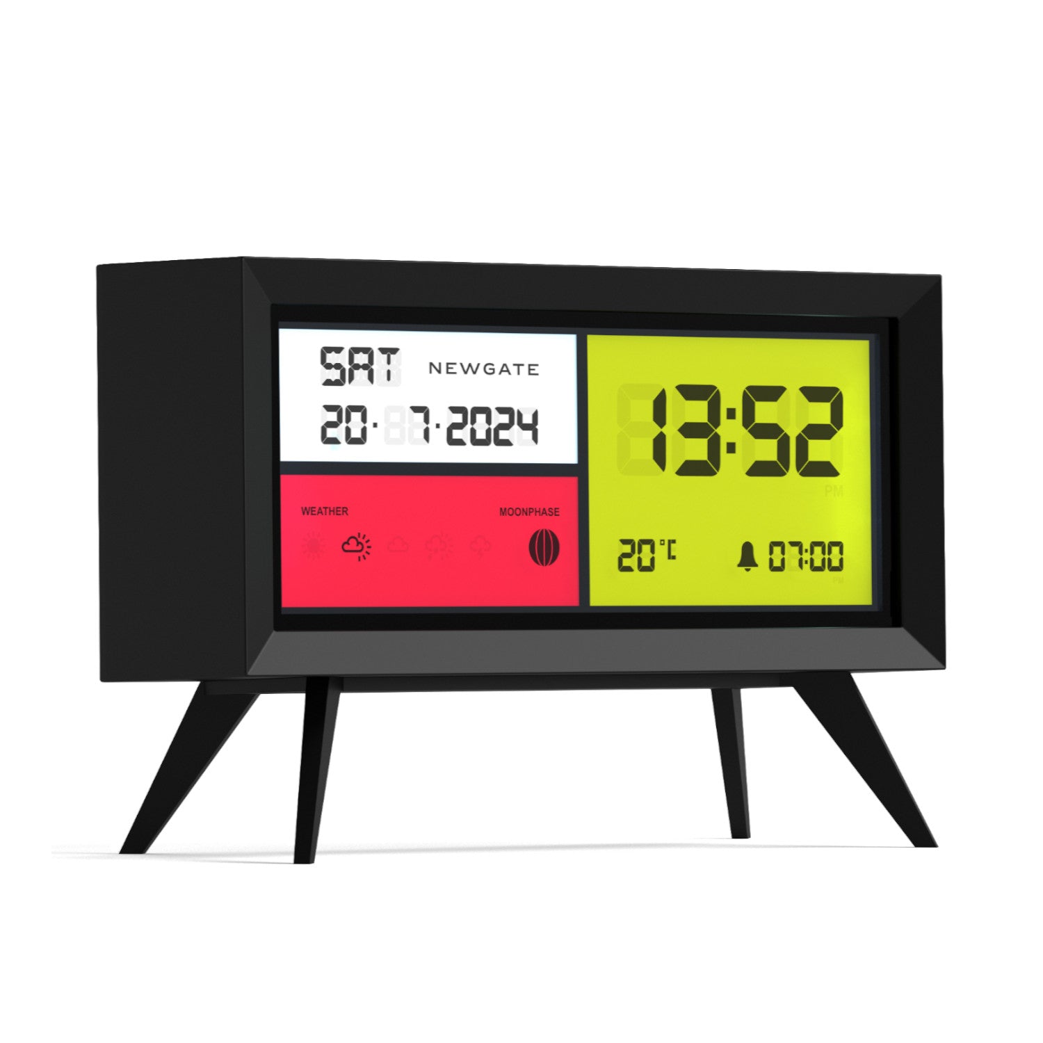 Moderner digitaler Wecker, der Zeit, Datum, Wetter und Temperatur auf einem bunten Bildschirm mit schwarzen Beinen anzeigt.