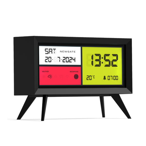 Moderner digitaler Wecker, der Zeit, Datum, Wetter und Temperatur auf einem bunten Bildschirm mit schwarzen Beinen anzeigt.