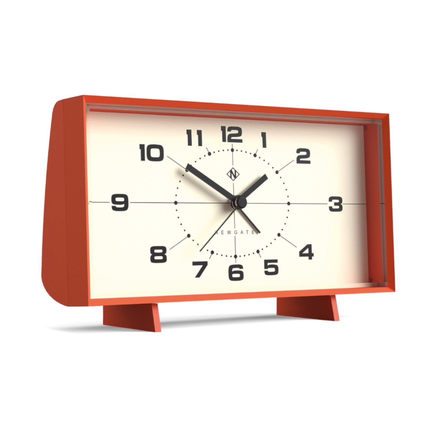 Rechteckige orangefarbene Uhr mit schwarzen Zahlen und Zeigern, die die Zeit 10:09 anzeigt.