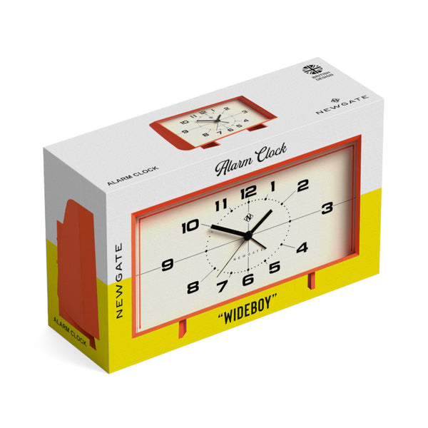 Rechteckiger Wecker Newgate Wideboy in orangefarbener Verpackung mit schwarzen Zahlen auf dem Zifferblatt.