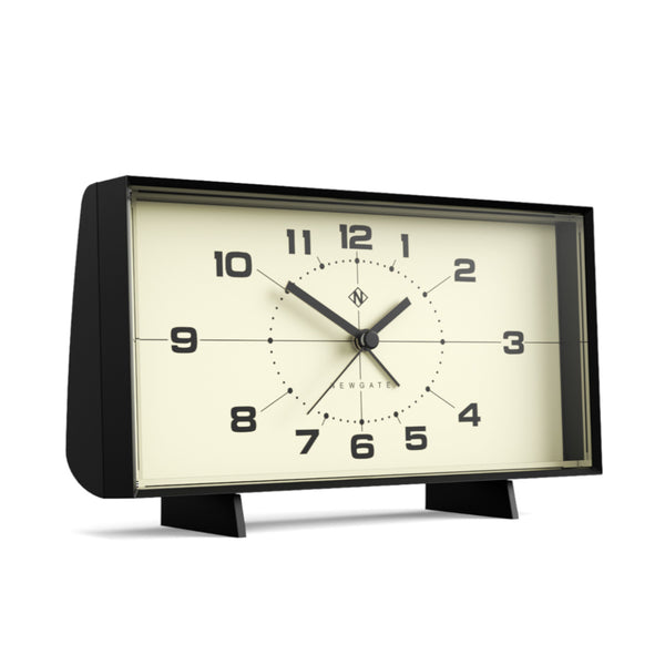 Schwarzer rechteckiger Wecker im Retrostil mit großen Zahlen auf weißem Zifferblatt, der die Zeit 10:09:36 anzeigt.